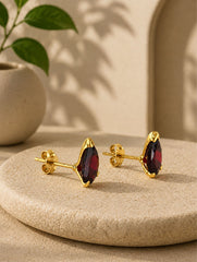 925 Sterling Silver Garnet Gemstone Stud Earrings for Women, Red Stone Geometric Jewellery