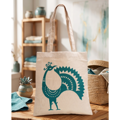 Handmade White Flex Cotton Tote Bag with Peacock Embroidery Shoulder Bag | Blue