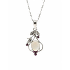 925 Sterling Silver Moonstone & Ruby Oval Pendant Faceted Gemstone Floral Design