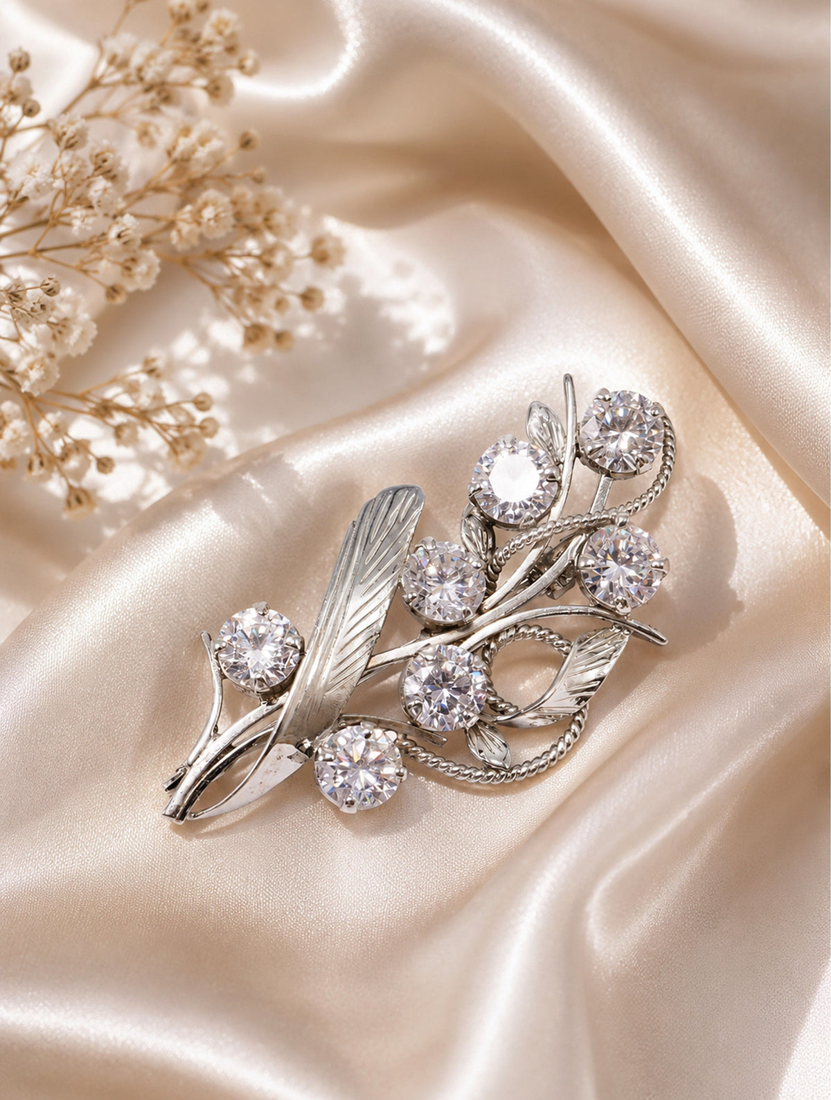 925 Sterling Silver AD Zircon Floral Leaf Brooch Pin for Women and Girls