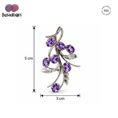 925 Silver Handmade Amethyst Gemstone Brooch Oval Faceted Cut in Prong Setting with Floral Leaf Design and Locking Pin Closure