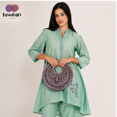 Gray Suede Floral Embroidered Round Handbag, Hand Purse, Clutches with Patra Mirror Work for Women & Girls