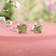 925 Silver Eartops with uncut Peridot Gemstone in prongs setting with push closure