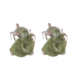 925 Silver Eartops with uncut Peridot Gemstone in prongs setting with push closure