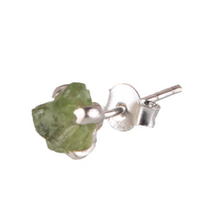 925 Silver Eartops with uncut Peridot Gemstone in prongs setting with push closure