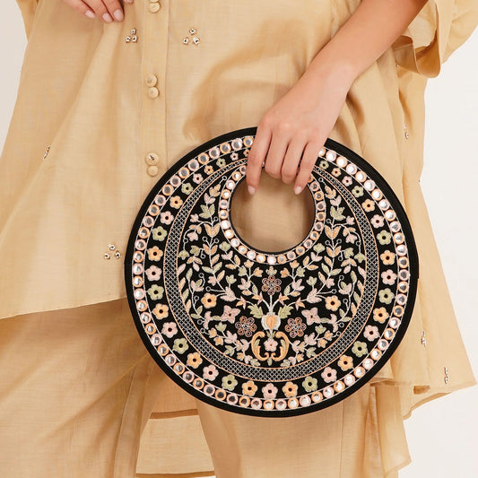 Black Suede Floral Embroidered Round Handbag, Hand Purse, Clutches with Patra Mirror Work for Women & Girls