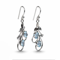Ira - Blue Topaz Silver Leaf Drop Earrings