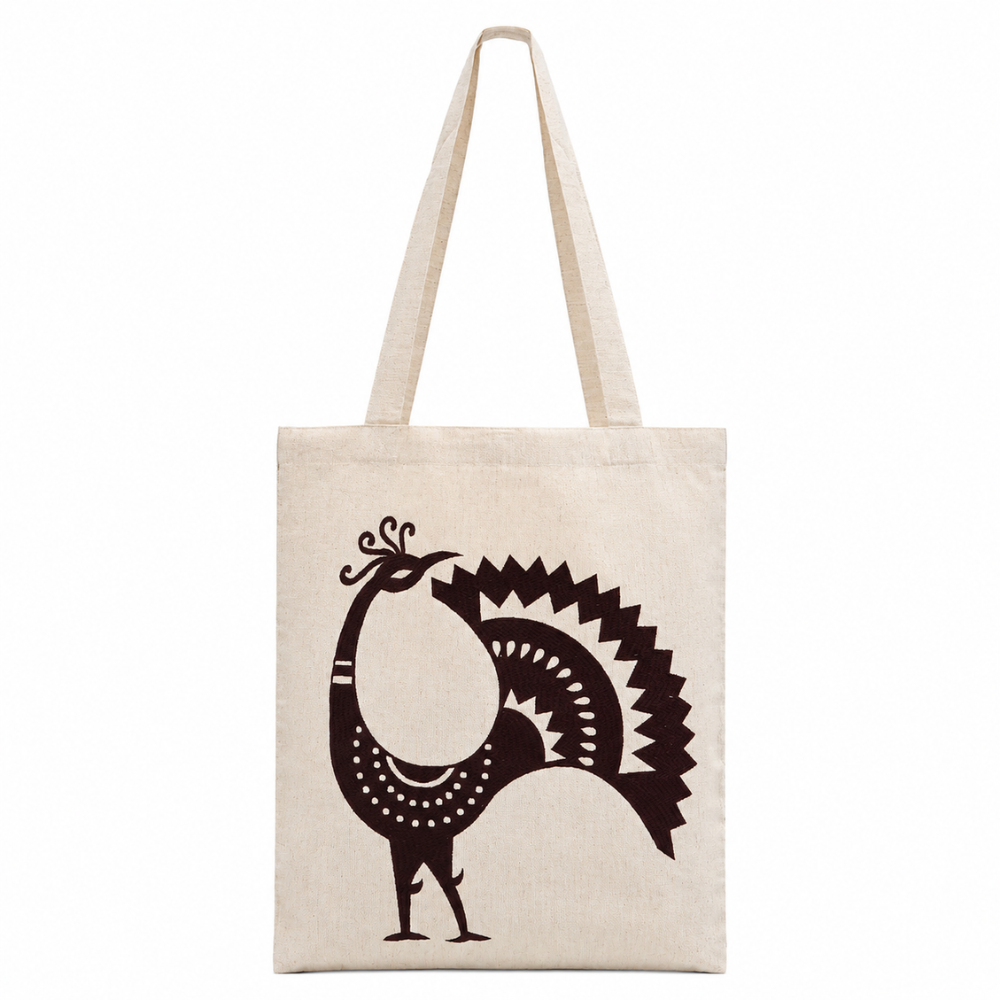 Handmade White Flex Cotton Tote Bag with Peacock Embroidery Shoulder Bag | Maroon