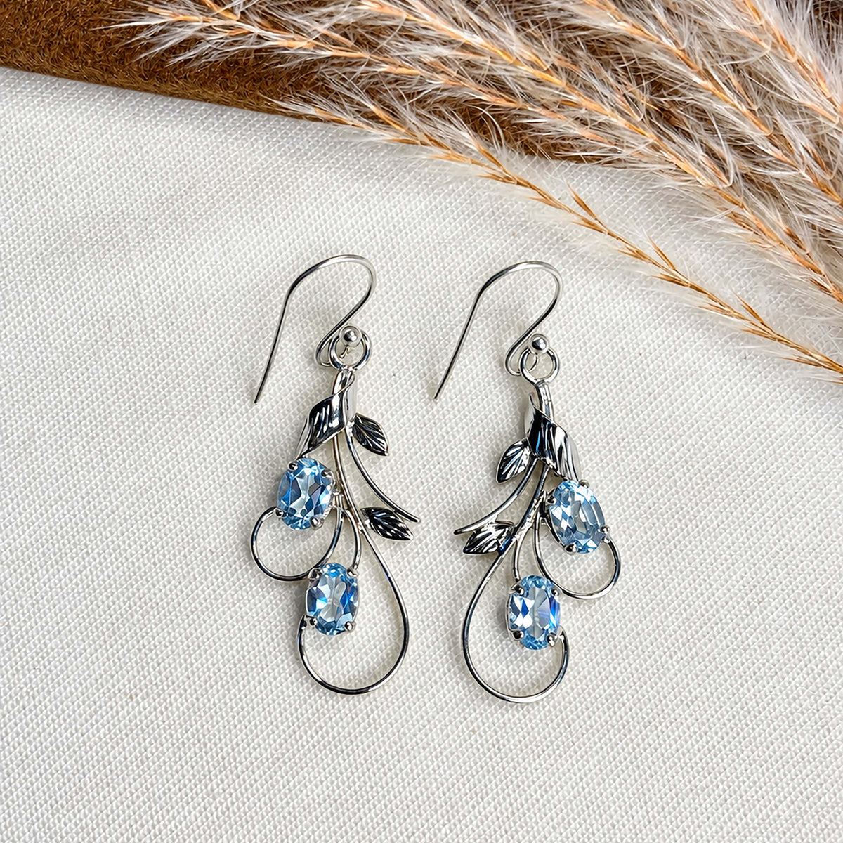 Ira - Blue Topaz Silver Leaf Drop Earrings