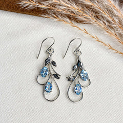 Ira - Blue Topaz Silver Leaf Drop Earrings