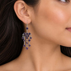 925 Silver Amethyst Gemstone Earring Round Cabochon in Bezel Setting with Cluster Drop Design and Hook Earwire