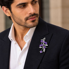925 Silver Handmade Amethyst Gemstone Brooch Oval Faceted Cut in Prong Setting with Floral Leaf Design and Locking Pin Closure