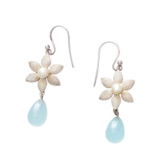 925 Sterling Silver Blue Chalcedony Gemstone Floral Drop Earrings for Women