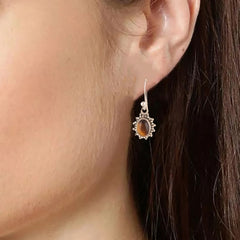 925 Silver Earrings with Oval Cabuchon Tiger Eye Gemstone in Bezel setting with ball earwire and ball design on bezel