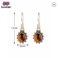 925 Silver Earrings with Oval Cabuchon Tiger Eye Gemstone in Bezel setting with ball earwire and ball design on bezel