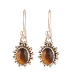 925 Silver Earrings with Oval Cabuchon Tiger Eye Gemstone in Bezel setting with ball earwire and ball design on bezel