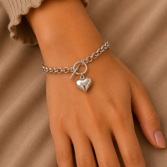 925 Silver Bracelet with Heart Charm Handmade in Link Chain Design with Toggle Clasp