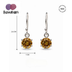 925 Sterling Silver Citrine Gemstone Drop Earrings for Women Round Golden Yellow Stone Jewelry