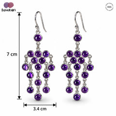 925 Silver Amethyst Gemstone Earring Round Cabochon in Bezel Setting with Cluster Drop Design and Hook Earwire