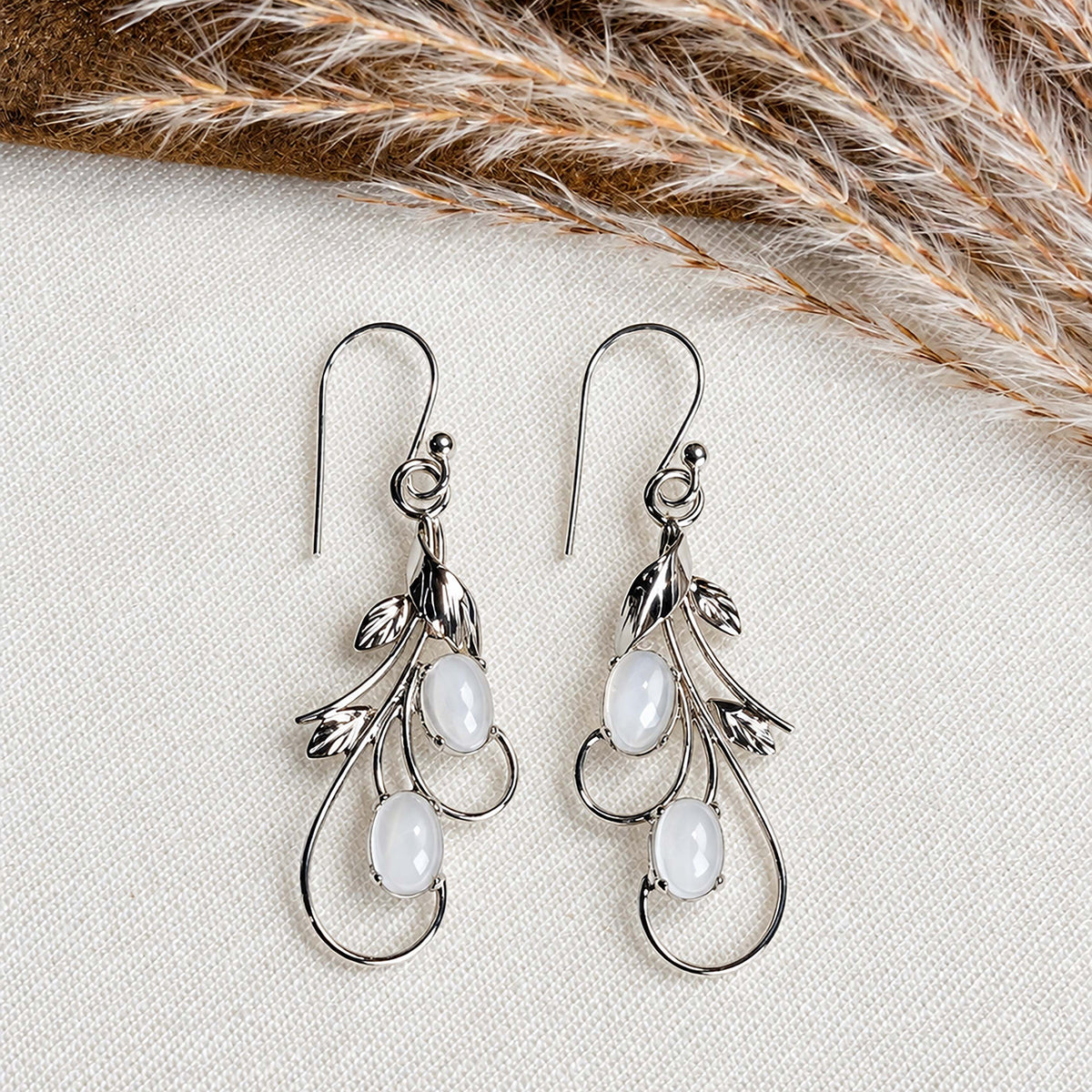 Ira - Moonstone Silver Leaf Drop Earrings