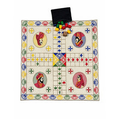 King & Queen Board Game "LUDO" embroidered on cotton fabric with playing dice and wooden coins with a zip pouch