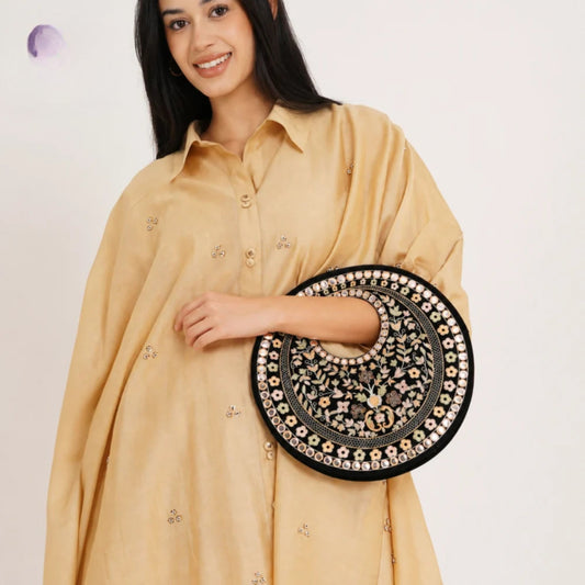 Black Suede Floral Embroidered Round Handbag, Hand Purse, Clutches with Patra Mirror Work for Women & Girls