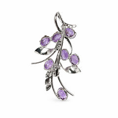 925 Silver Handmade Amethyst Gemstone Brooch Oval Faceted Cut in Prong Setting with Floral Leaf Design and Locking Pin Closure