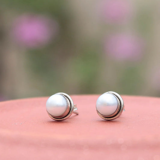 925 Sterling Silver Pearl Eartops for Women | Cream Gemstone Jewelry | Handcrafted Elegant Gift