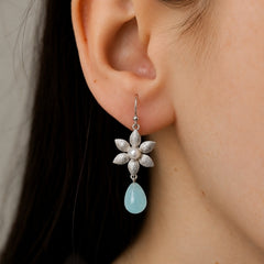 925 Sterling Silver Blue Chalcedony Gemstone Floral Drop Earrings for Women