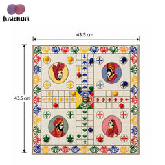 King & Queen Board Game "LUDO" embroidered on cotton fabric with playing dice and wooden coins with a zip pouch