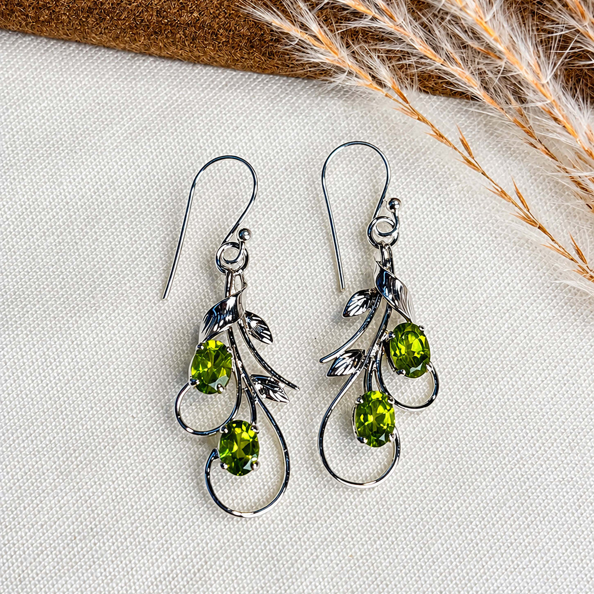 Ira - Peridot Silver Leaf Drop Earrings