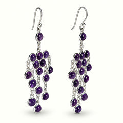 925 Silver Amethyst Gemstone Earring Round Cabochon in Bezel Setting with Cluster Drop Design and Hook Earwire