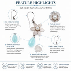 925 Sterling Silver Blue Chalcedony Gemstone Floral Drop Earrings for Women
