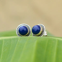 925 silver eartops in round cabuchon lapiz gemstone in bezel setting handmade in oxidised finish with push closure