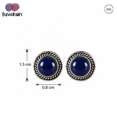 925 silver eartops in round cabuchon lapiz gemstone in bezel setting handmade in oxidised finish with push closure
