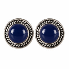 925 silver eartops in round cabuchon lapiz gemstone in bezel setting handmade in oxidised finish with push closure