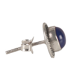 925 silver eartops in round cabuchon lapiz gemstone in bezel setting handmade in oxidised finish with push closure