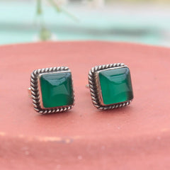 925 silver eartops in square faceted green onyx in bezel setting handmade with push closure in oxidised finish