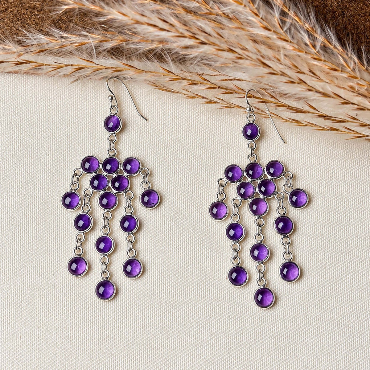 925 Silver Amethyst Gemstone Earring Round Cabochon in Bezel Setting with Cluster Drop Design and Hook Earwire