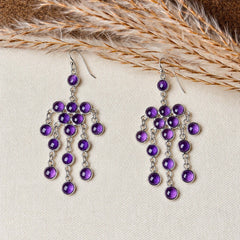 925 Silver Amethyst Gemstone Earring Round Cabochon in Bezel Setting with Cluster Drop Design and Hook Earwire