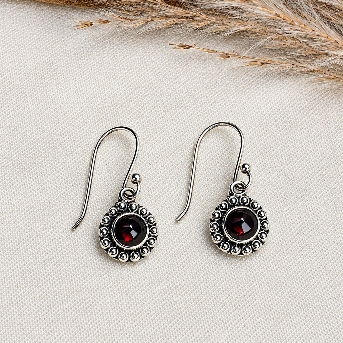 Palasha - Garnet Silver Beaded Drop Earrings