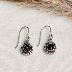 Palasha - Garnet Silver Beaded Drop Earrings
