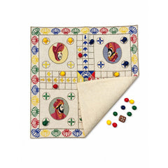 King & Queen Board Game "LUDO" embroidered on cotton fabric with playing dice and wooden coins with a zip pouch