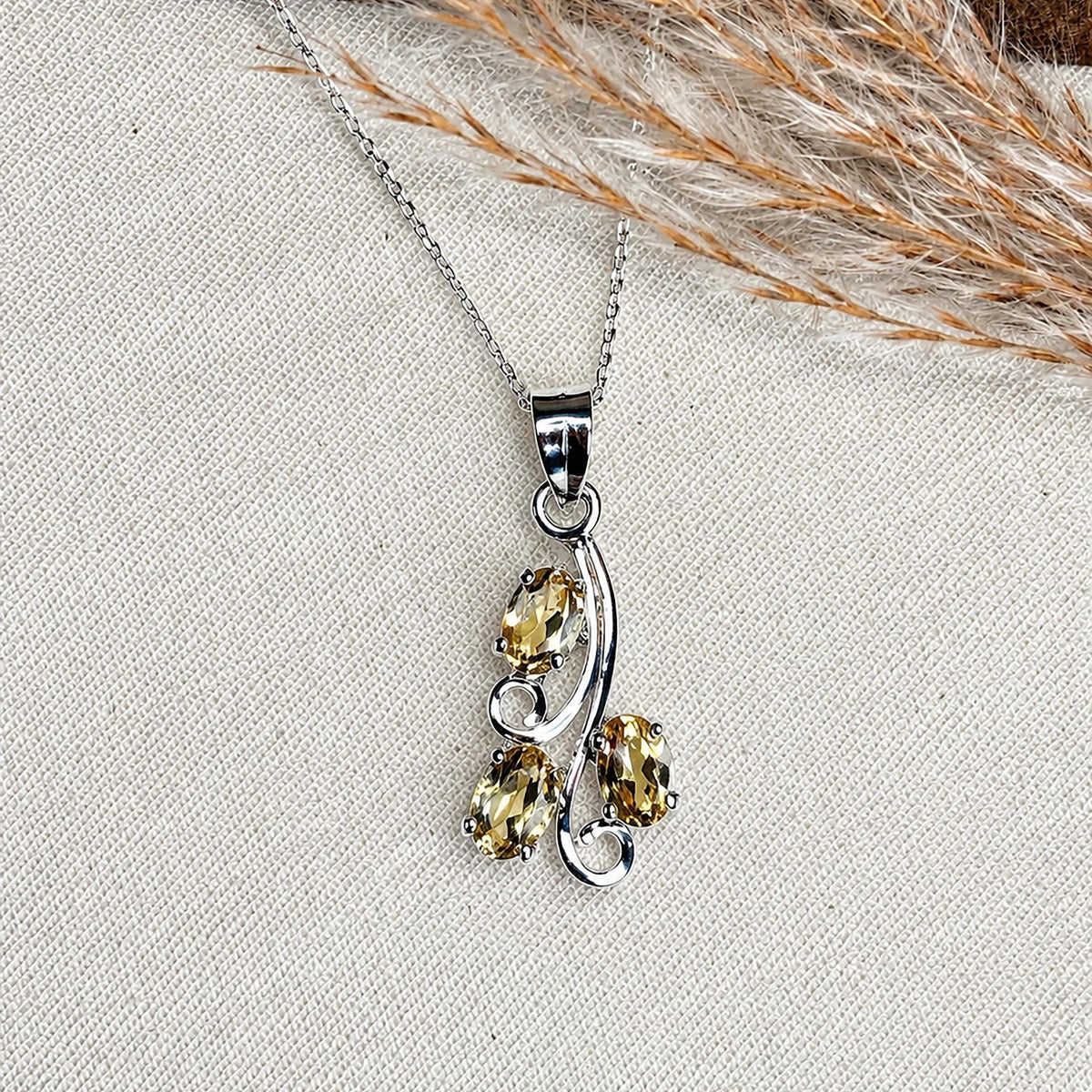 925 Silver Handmade Citrine Oval Gemstone Pendant with Leaf Curve Design