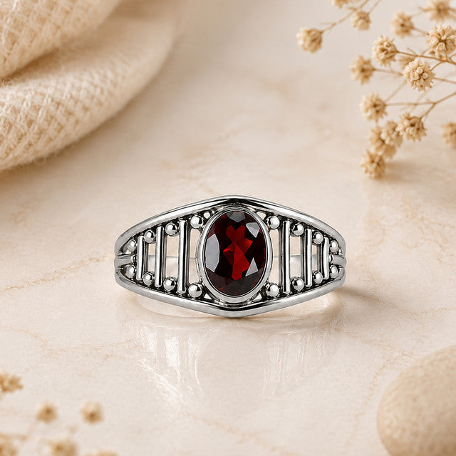 925 Sterling Silver Garnet Gemstone Ring for Women with Deep Red Oval Stone and Decorative Pattern