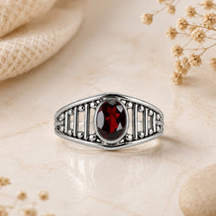 925 Sterling Silver Garnet Gemstone Ring for Women with Deep Red Oval Stone and Decorative Pattern
