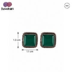 925 silver eartops in square faceted green onyx in bezel setting handmade with push closure in oxidised finish