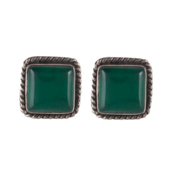 925 silver eartops in square faceted green onyx in bezel setting handmade with push closure in oxidised finish
