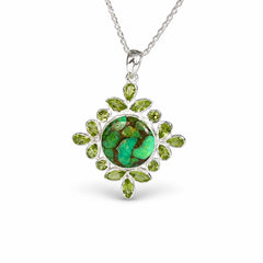 925 Silver Handmade Turquoise & Peridot Gemstone Round Floral Leaf Design