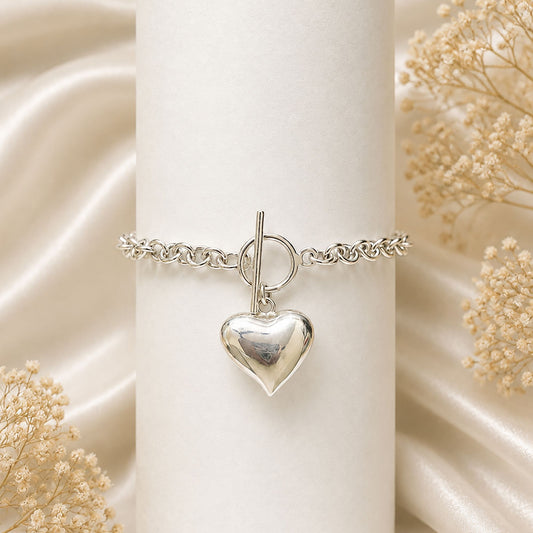 925 Silver Bracelet with Heart Charm Handmade in Link Chain Design with Toggle Clasp